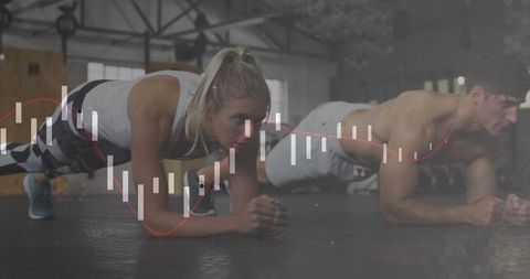 Couple holding forearm plank with fitness data overlay for core strength training