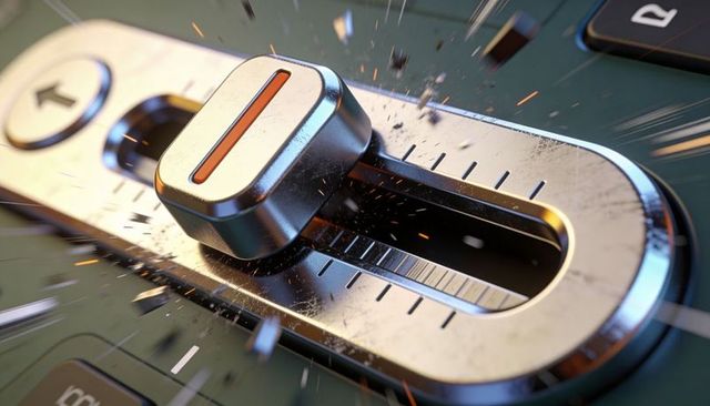 Sparking metal fader knob ejecting debris on industrial mixing console closeup