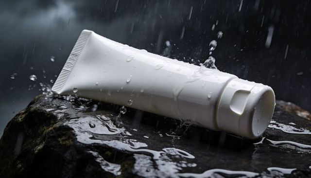 White cosmetic squeeze tube lying on wet dark rock with rain droplets and flip-top cap