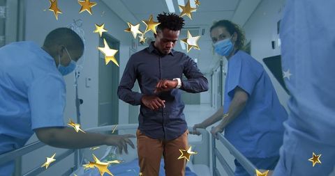 Man Checking Watch Amidst Hospital Activity Surrounded by Stars