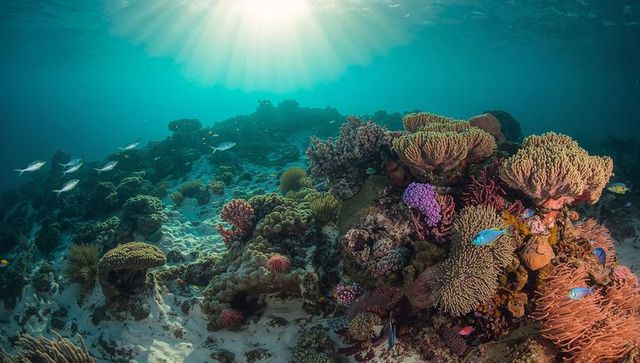 Sunlight streaming over vibrant shallow coral reef teeming with tropical fish and anemones