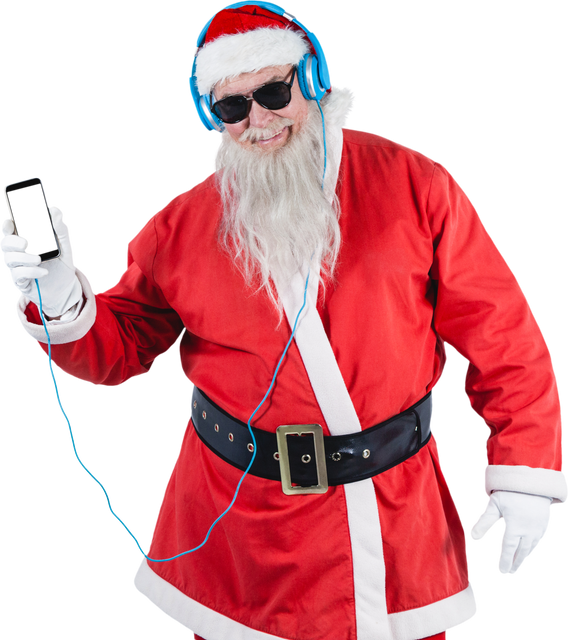 Cheerful Santa Claus listening to music on mobile phone cutting out on transparent background - Download Free Stock Videos Pikwizard.com