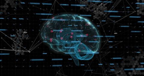 Holographic brain network glowing cyan and floating in digital grid with neon markers