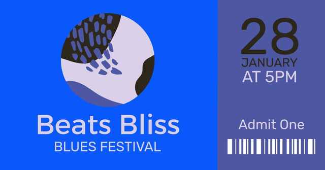 Image showcases an admission ticket for a blues festival called Beats Bliss. The visual elements include bold typography, contrasting blue hues, and a barcode for scannable entry. The ticket mentions the event date and time clearly. This design is ideal for use in marketing music events, concert promotions, and artistic projects intending to evoke excitement and rhythm.