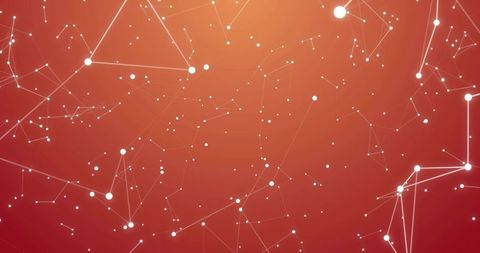 Forming Glowing Network of White Nodes and Thin Lines on Red Orange Gradient Backdrop