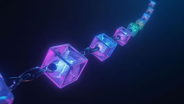 Glowing translucent cubes in futuristic blockchain network