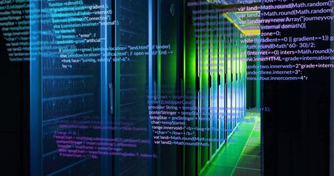 Digital Code Overlay on Modern Data Center Aisle - Download Free Stock Images Pikwizard.com