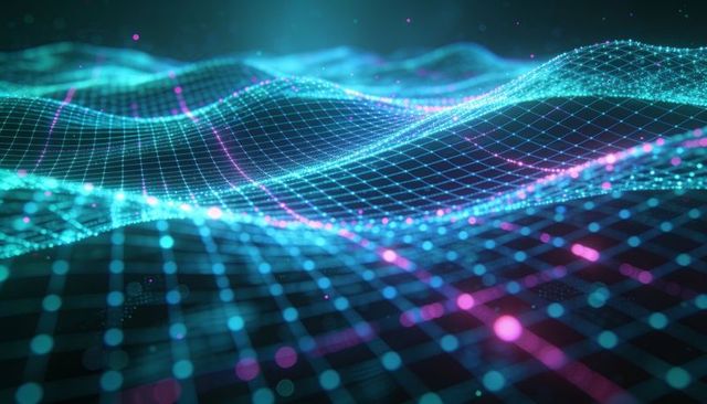 Neon data wave mesh visualizing network flow with glowing nodes and futuristic grid terrain
