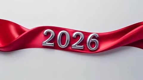 2026 Chrome Numerals on Flowing Red Satin Ribbon Reflecting Light for New Year Celebration