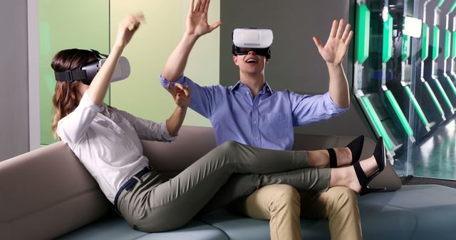 Couple Experiencing Virtual Reality Together in Modern Living Room - Download Free Stock Images Pikwizard.com