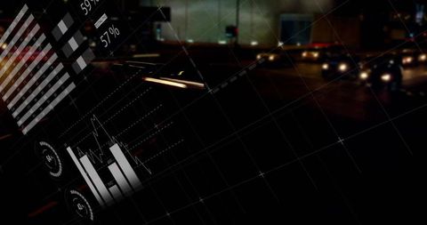 Car dashboard overlay glowing headlight on urban night street with hud graphs