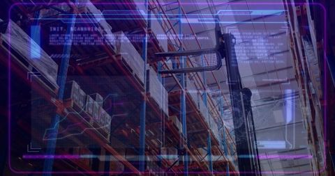 Futuristic Automated Warehouse with Neon Tech Overlays