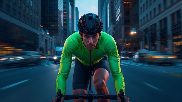 Urban Cyclist Charging Through Downtown at Dusk on Road Bike in Neon Green Jacket