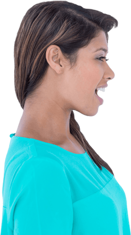 transparent side profile of excited woman smiling in blue shirt - Download Free Stock Videos Pikwizard.com