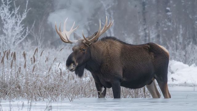 Bull moose wading through winter marsh, palmate antlers and visible breath vapor