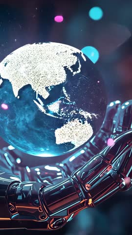 Futuristic robotic hand revealing digital Earth with pulsing network nodes, vertical video