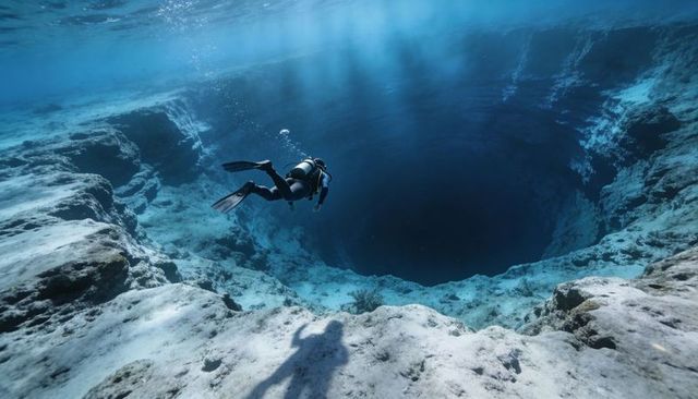Scuba diver exploring rim of deep blue sinkhole with sunbeams and shadow