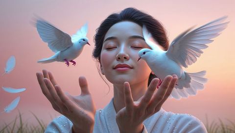 Asian woman with doves at sunrise embracing peace, spirituality, and forgiveness