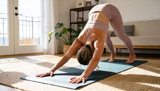 Sunlit downward dog by woman in mauve activewear on teal mat for home yoga calm wellness