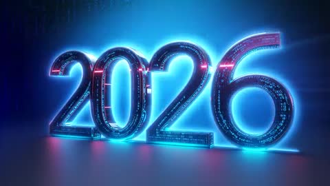 2026 Neon Digits Glowing in Futuristic Cyber Tech Light Show with Digital Code Reflections