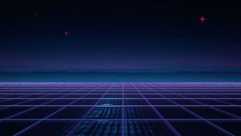 Glowing neon grid stretching toward horizon with reflective tiles and retro futuristic night sky
