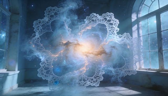 Floating luminous nebula glowing above cracked floor in abandoned room with arched windows