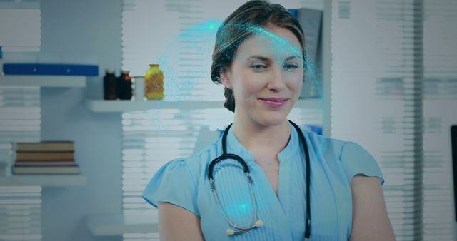 Image of happy caucasian female doctos with stethoscope over globe. Global medicine and digital interface concept, digitally generated image.