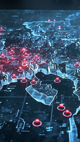 Vertical 3D Terrain Data Map Animating Pulsing Red Markers on Futuristic Grid Interface