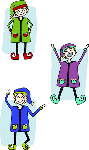 Three Cheerful Transparent Cartoon Elves Celebrating Holiday