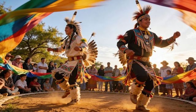 Dancing native american men wearing colorful regalia and feather bustles at outdoor powwow