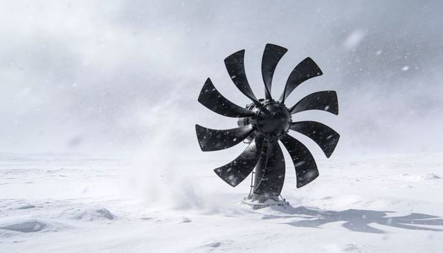 Black multi-blade rotor spinning in snowstorm on remote tundra throwing drifting powder