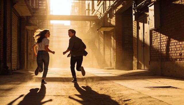 Running couple chasing golden light through sunlit brick alleyway, backlit urban romance