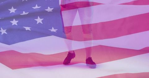 Double exposure american flag over male cropped legs and sneakers, patriotic minimalism