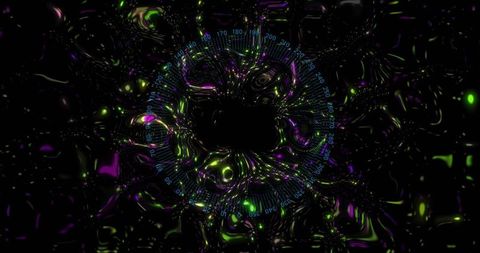 Neon vortex ring forming dark void with iridescent ripples and blue gauge overlay