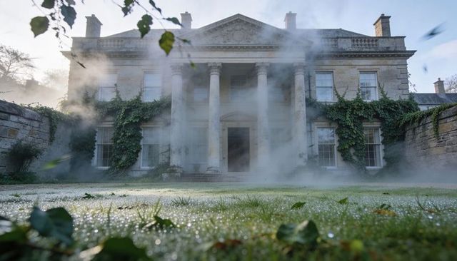Foggy dawn neoclassical manor with ivy-clad facade and four-column portico over dewy lawn