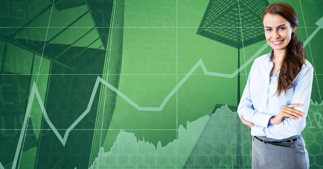 Digital composite of Smiling businesswoman standing arms crossed against graph on green wall