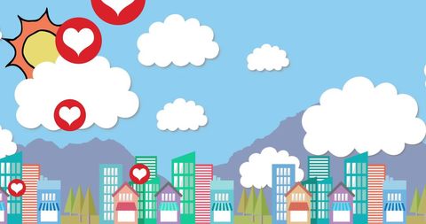 Vibrant illustrative cityscape with heart icons and colorful clouds