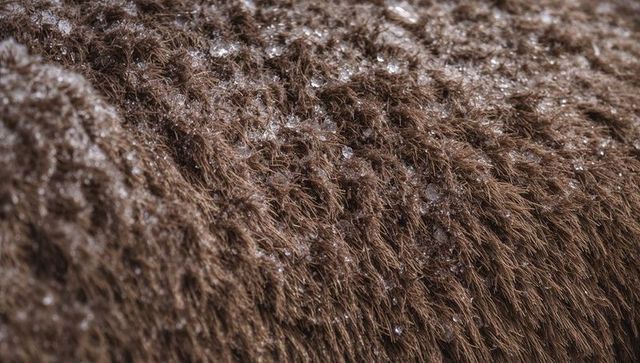 Frosted brown fur macro detail close-up with ice crystals and water droplets on pelage