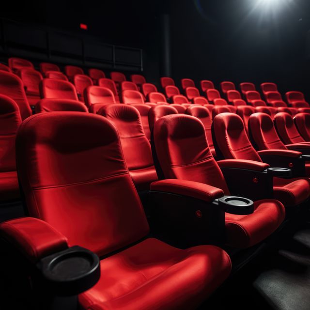 Empty red seats fill a dark movie theater, with copy space. The image captures the anticipation before a film screening in a cinema.