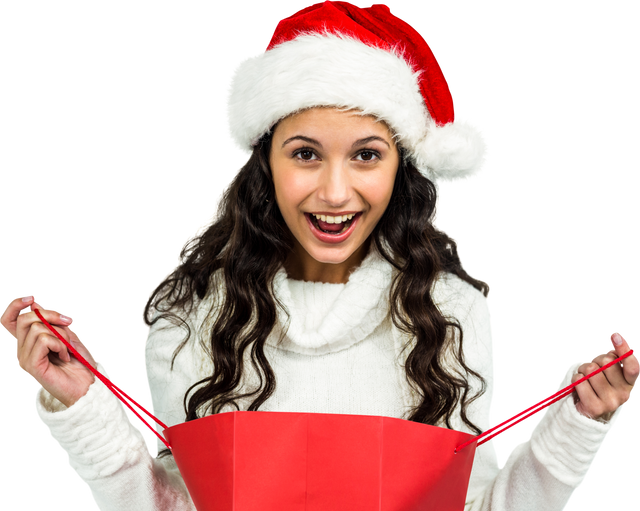 Joyful Woman in Christmas Hat Opening Gift Bag on Transparent Background - Download Free Stock Videos Pikwizard.com