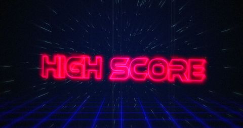 Retro High Score Glitch in Neon Lights on Dark Grid Background