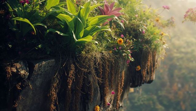 Lush Vines and Blossoms Flow Over Rocky Ledge at Misty Forest Edge