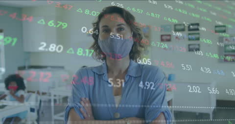 Masked Teacher Overseeing Classroom with Data Overlay