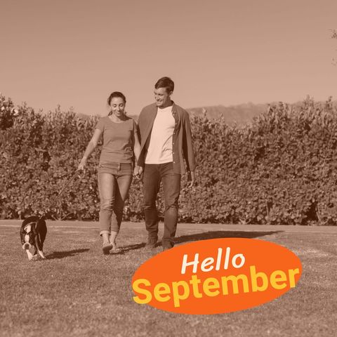 caucasian couple enjoying stroll with dog in autumn garden - Download Free Stock Templates Pikwizard.com