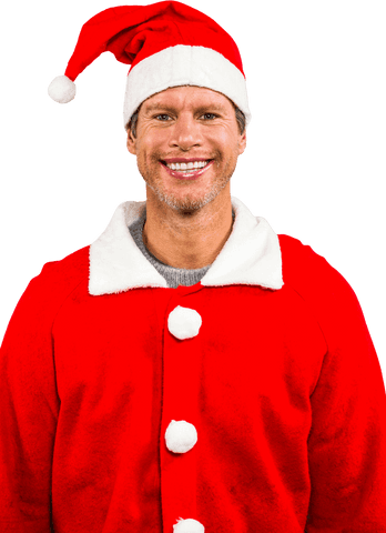 Smiling Man in Red Santa Costume Transparent Joyful Holiday Attire
