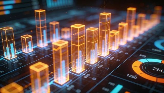 Holographic 3d bar chart dashboard visualizing financial analytics and data insights