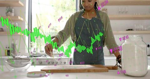 Baking dough in modern kitchen with financial market data overlay, home cooking concept
