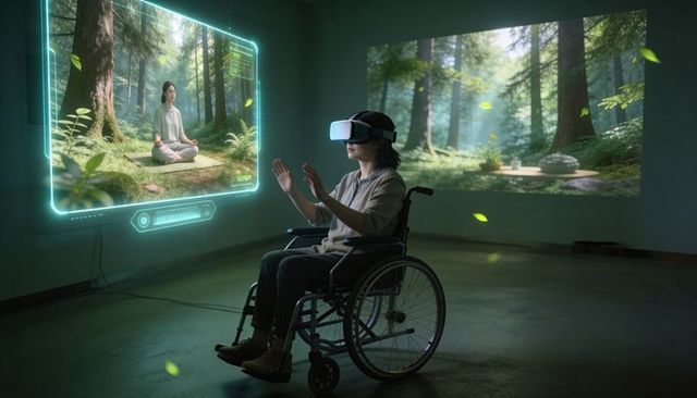 Wheelchair user practicing vr forest meditation for rehabilitation and mindfulness therapy