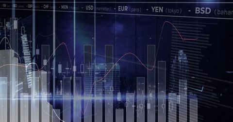 Financial Data Charts Overlay on Illuminated Cityscape at Night