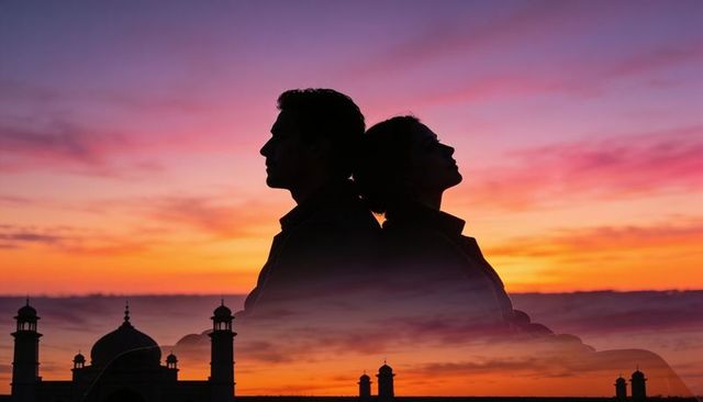 Silhouetted couple leaning back-to-back at vibrant sunset with mosque domes and skyline